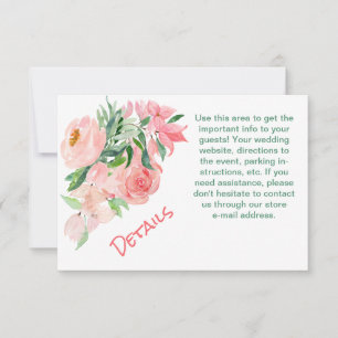 Coral Pink Green Floral Wedding Detail Insert Card