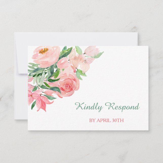 Coral Pink Green Floral Wedding Menu RSVP (Front)