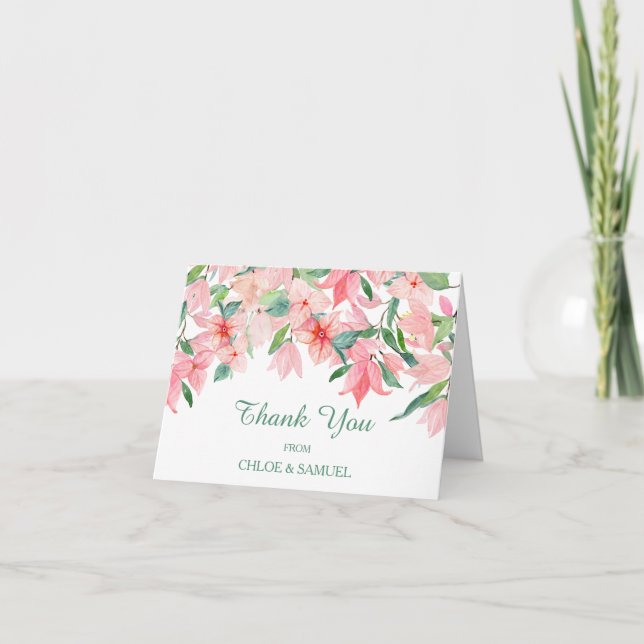 Coral Pink Green Floral Wedding Thank You Card (Front)