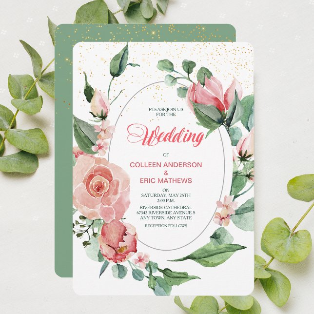 Coral Pink Green Rose Floral Wedding Invitation (Creator Uploaded)