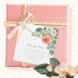 Coral Pink Green Stylish Roses Wedding Thank You   Favour Tags