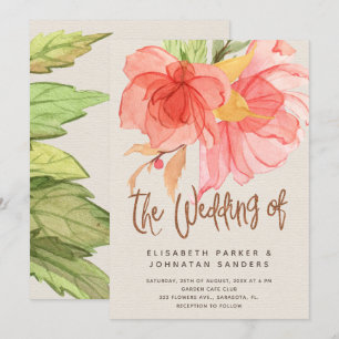Coral pink green summer watercolor floral wedding invitation