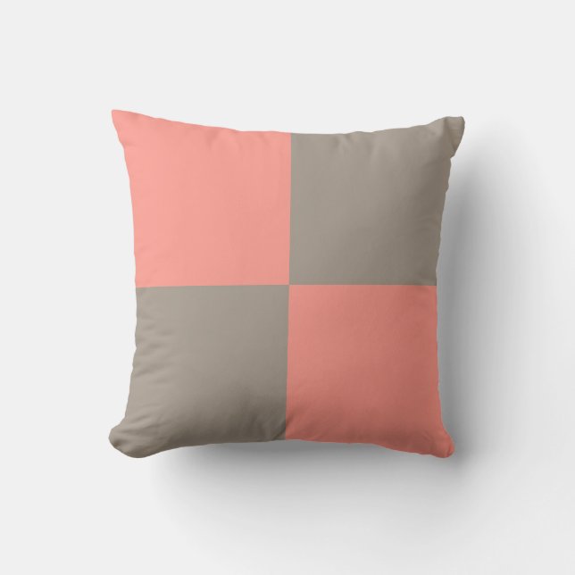 Coral Pink Grey Chequered Pattern Throw Pillow (Front)