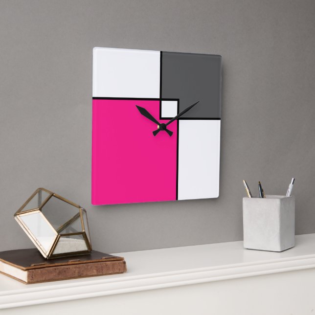 Coral Pink Grey White Squares   Square Wall Clock (Office)