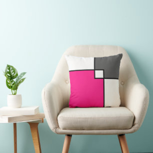 Coral Pink Grey White Squares  Throw Pillow