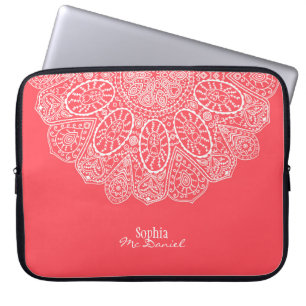 Coral Pink Hand Drawn Henna Circle Pattern Design Laptop Sleeve