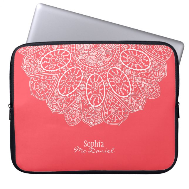 Coral Pink Hand Drawn Henna Circle Pattern Design Laptop Sleeve (Front)