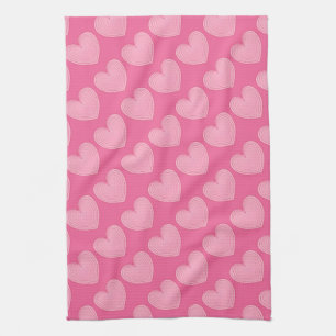 Coral pink hearts, deeper pink background kitchen towel