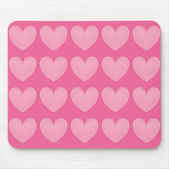 Coral pink hearts, deeper pink background mouse pad (Front)