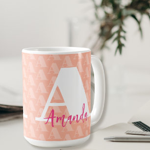 Coral Pink Initial White Letter Script Designer  Coffee Mug