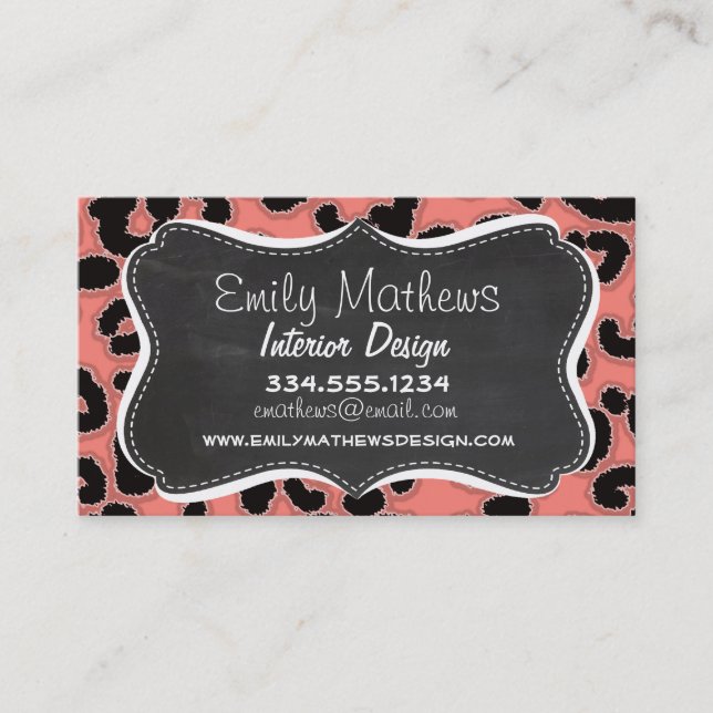 Coral Pink Leopard Print; Chalkboard look Business Card (Front)