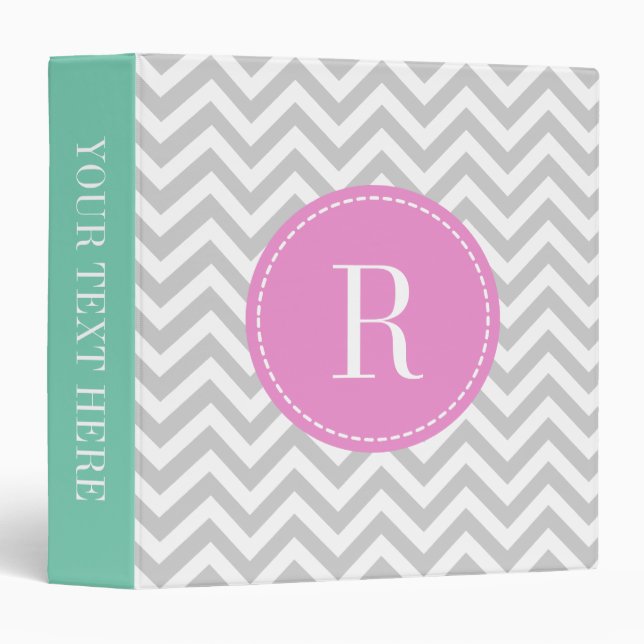 Coral pink mint grey chevron pattern 3 ring binder (Front/Spine)