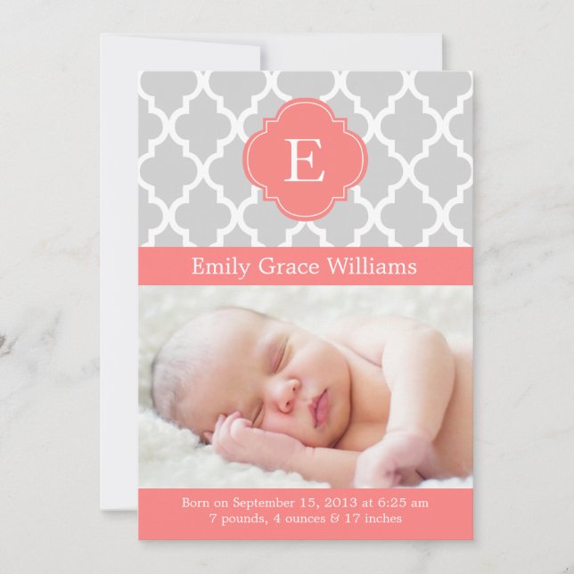 Coral Pink Modern Monogram Custom Photo Baby Birth Announcement (Front)