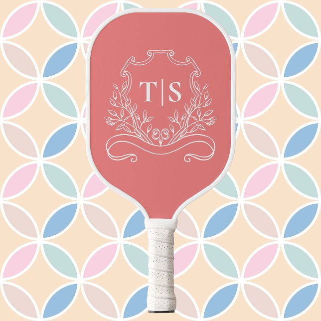 Coral Pink Monogram Initial Girly Classic Crest Pickleball Paddle (Coral Pink Monogram Initial Girly Classic Crest Pickleball Paddle)