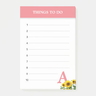 Coral Pink Monogram & Sunflowers Things To Do Post-it Notes