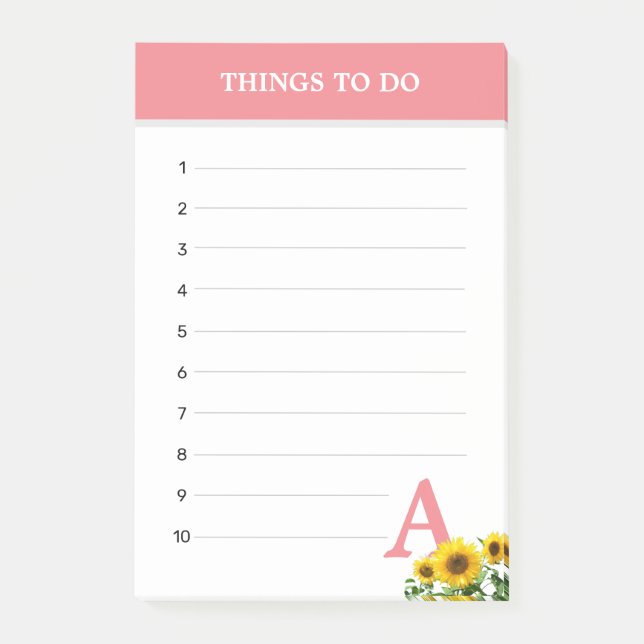 Coral Pink Monogram & Sunflowers Things To Do Post-it Notes (Front)
