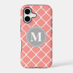 Coral Pink Moroccan Lattice Grey Monogram