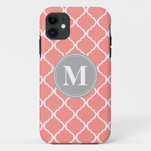 Coral Pink Moroccan Lattice Grey Monogram iPhone 11 Case