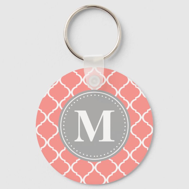Coral Pink Moroccan Lattice Grey Monogram Keychain (Front)