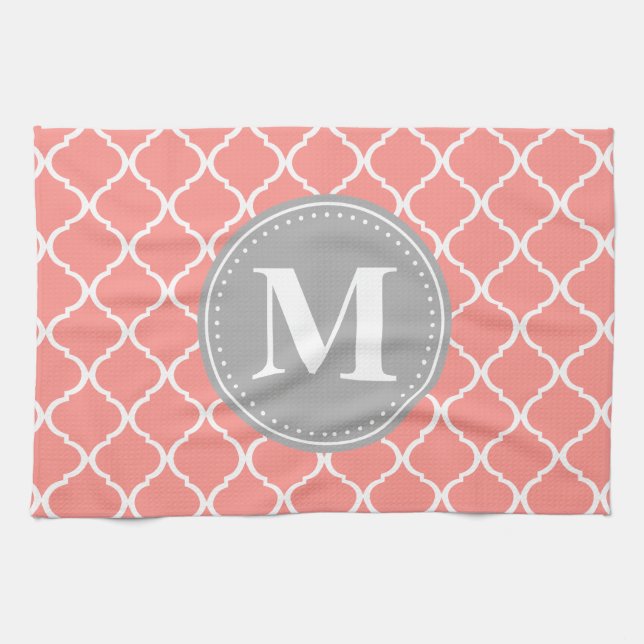 Coral Pink Moroccan Lattice Grey Monogram Kitchen Towel (Horizontal)