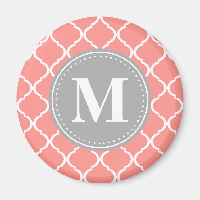 Coral Pink Moroccan Lattice Grey Monogram Magnet (Front)