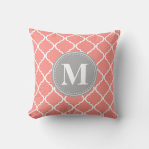 Coral Pink Moroccan Lattice Grey Monogram Throw Pillow