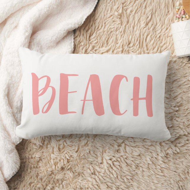 Coral Pink Nautical Stripe Beach House Lumbar Pillow (Blanket)