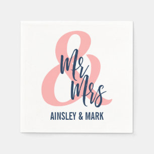 Coral Pink & Navy Blue Mr & Mrs Wedding Napkin