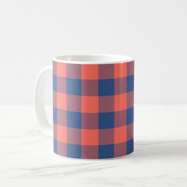 Coral Pink Navy Blue Square Rectangle Pattern Coffee Mug (Front Left)