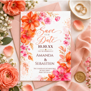 Coral Pink Orange Watercolor Floral Save the Date Invitation