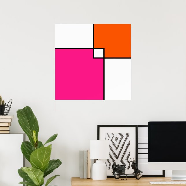 Coral Pink Orange White Squares  Poster (Home Office)