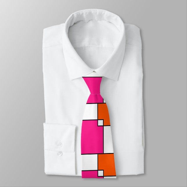 Coral Pink Orange White Squares    Tie (Tied)