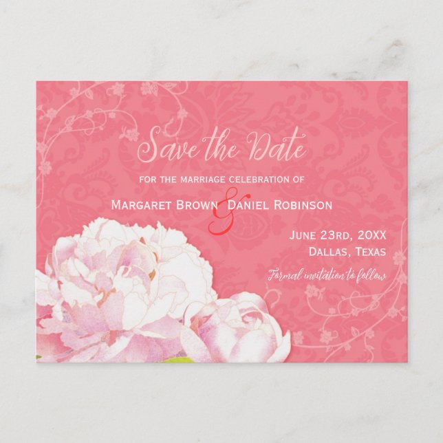 Coral Pink Peony Wedding Save the Date Announcement Postcard (Front)