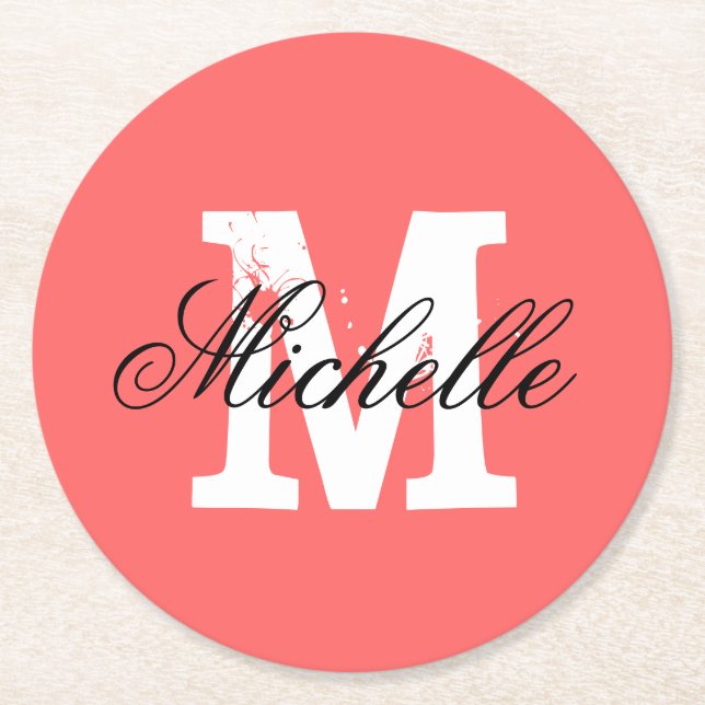 Coral pink personalized monogram paper coasters (Front)