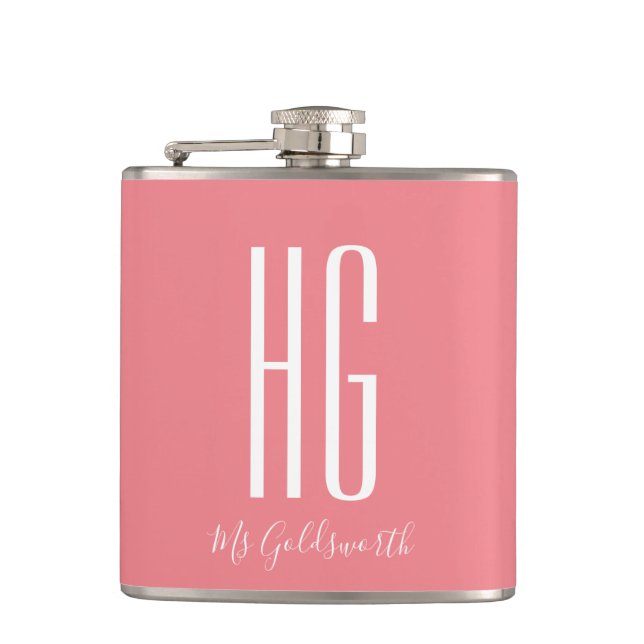 Coral Pink Personalized Name Monogram Hip Flask (Front)