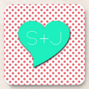 Coral Pink Polka Dots-Monogram by Shirley Taylor Coaster