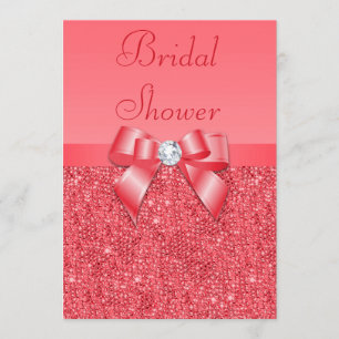 Coral Pink Printed Sequins & Diamond Bridal Shower Invitation