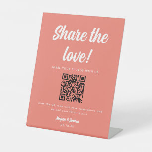 Coral Pink QR Code Share the Love Wedding Photo Pedestal Sign