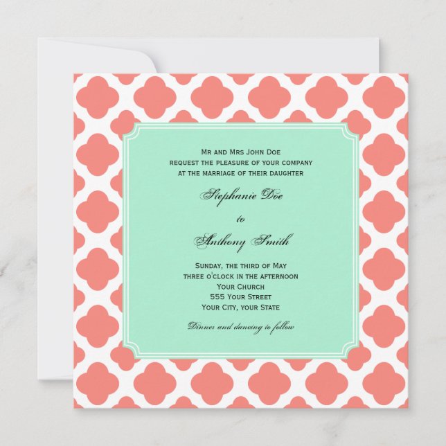 Coral Pink Quatrefoil and Mint Green Wedding Invitation (Front)
