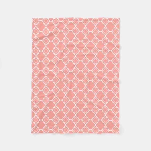 Coral Pink Quatrefoil Geometric Pattern Fleece Blanket (Front)