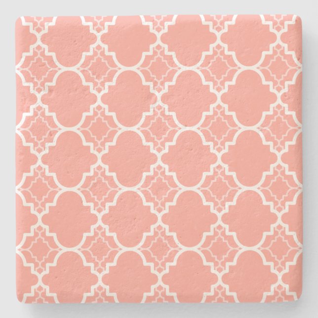Coral Pink Quatrefoil Geometric Pattern Stone Coaster (Front)