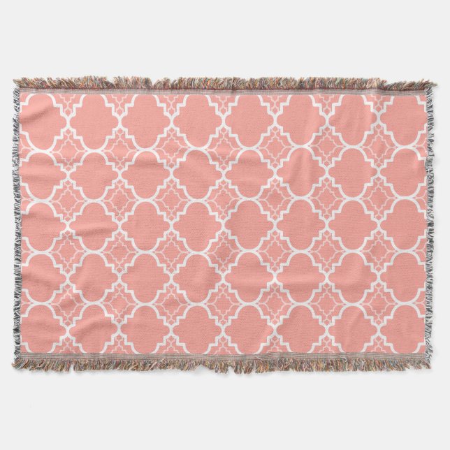 Coral Pink Quatrefoil Geometric Pattern Throw Blanket (Front)