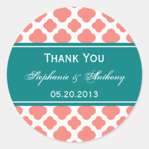 Coral Pink Quatrefoil Pattern with Teal Wedding Classic Round Sticker