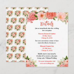 Coral Pink Red Roses Floral Wedding Details Enclosure Card