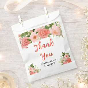 Coral Pink Red Roses Floral Wedding Favour Bag