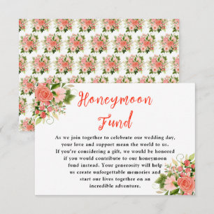 Coral Pink Red Roses Floral Wedding Honeymoon Fund Enclosure Card