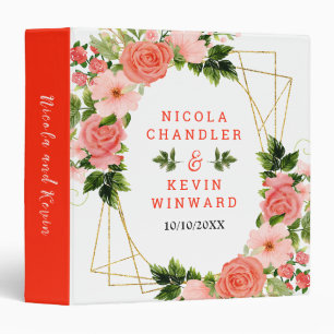 Coral Pink Red Roses Floral Wedding Photo Album Binder