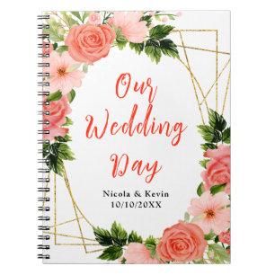 Coral Pink Red Roses Floral Wedding Planner Notebook