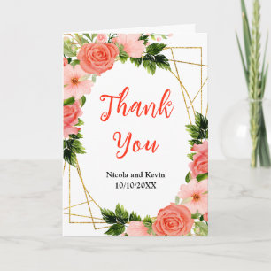 Coral Pink Red Roses Floral Wedding Thank You Card