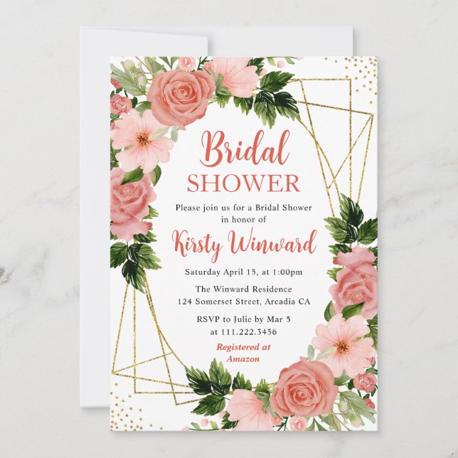 Coral Pink & Red Roses & Gold Frame Bridal Shower Invitation (Front)